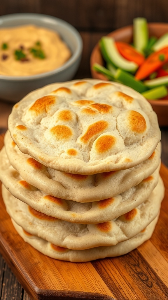 Jamie Oliver Freshly baked pita bread stacked on a wooden board with bowls of hummus and vegetables.